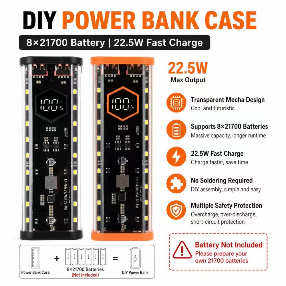 Diy Electronics Hobby - Boîtier de batterie 8*21700, charge rapide